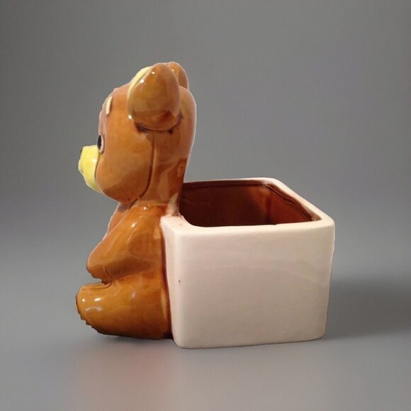 Vintage Lefton H5766 Teddy Bear Planter Japan Big Eye Brown Glazed Ceramic 6" - Picture 3 of 11